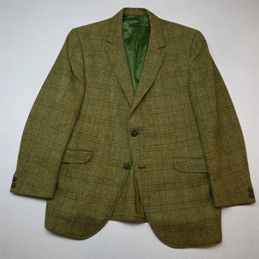 Vtg USA Made 40R Green Check Wool Tweed Mens Blazer Suit Jacket Sport Coat